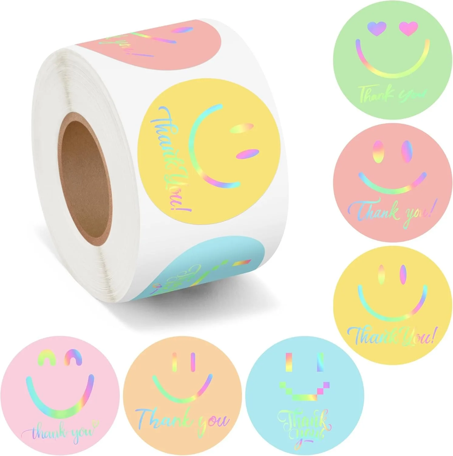 500 Pcs Preppy Smile Stickers Roll Holographic Pastel Happy Face Stickers Positive Motivational Waterproof Self-Adhesive Decals