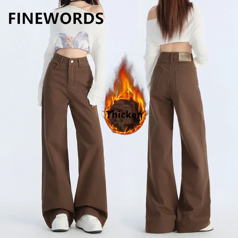 

FINEWORDS винтажные корейские широкие коричневые зимние джинсы женские повседневные кашемировые джинсы в стиле Харадзюку уличная одежда с высокой талией теплые мешковатые джинсы