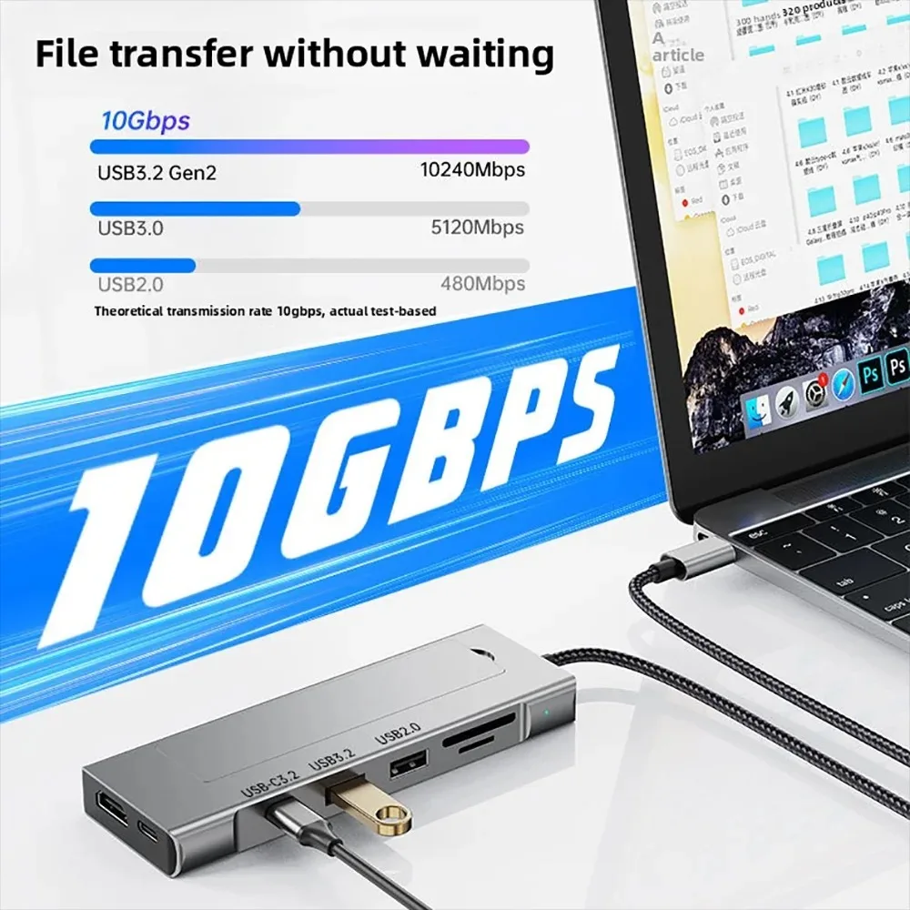 KEBIDU 9-in-1 M.2 SSD Docking Station with Disk Storage Function USB HUB SATA+NVME USB C HUB 4K30Hz/10Gbps/100W For Laptop