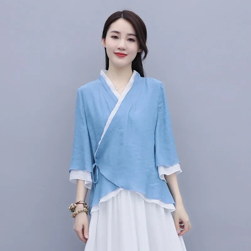 

2024 Traditional Chinese Clothing For Women Chinese Style Tops Half Sleeve Hanfu Top Loose Casual Blouse Cheongsam Tops