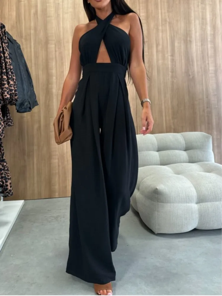 夏シンプルな無地ノースリーブオフショルダーセクシーなぶら下げネックウエストジャンプスーツ女性のファッションエレガントなワイドレッグパンツ