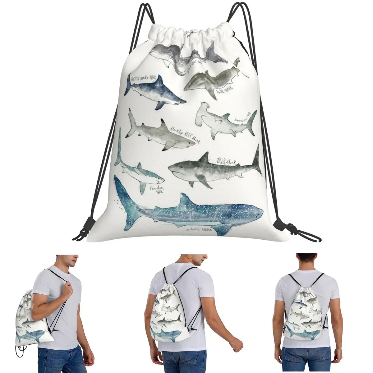 

Sharks Backpacks Casual Drawstring Bundle Pocket Sports Bag Book Bags for Man Woman Students