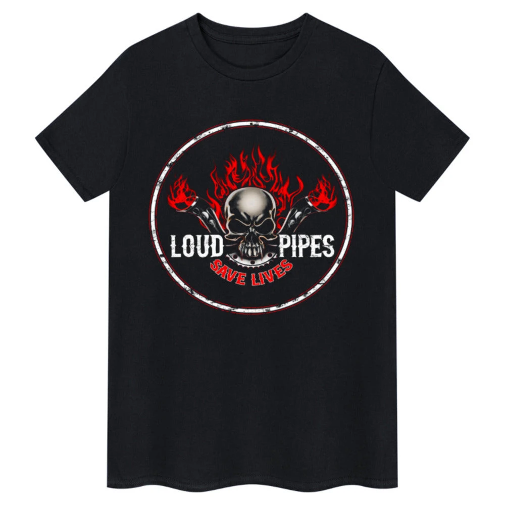 Loud Pipes Save Lives Skull Biker Graphic Tee Cotton Mens Womens T-Shirt Outdoor Casual Top
