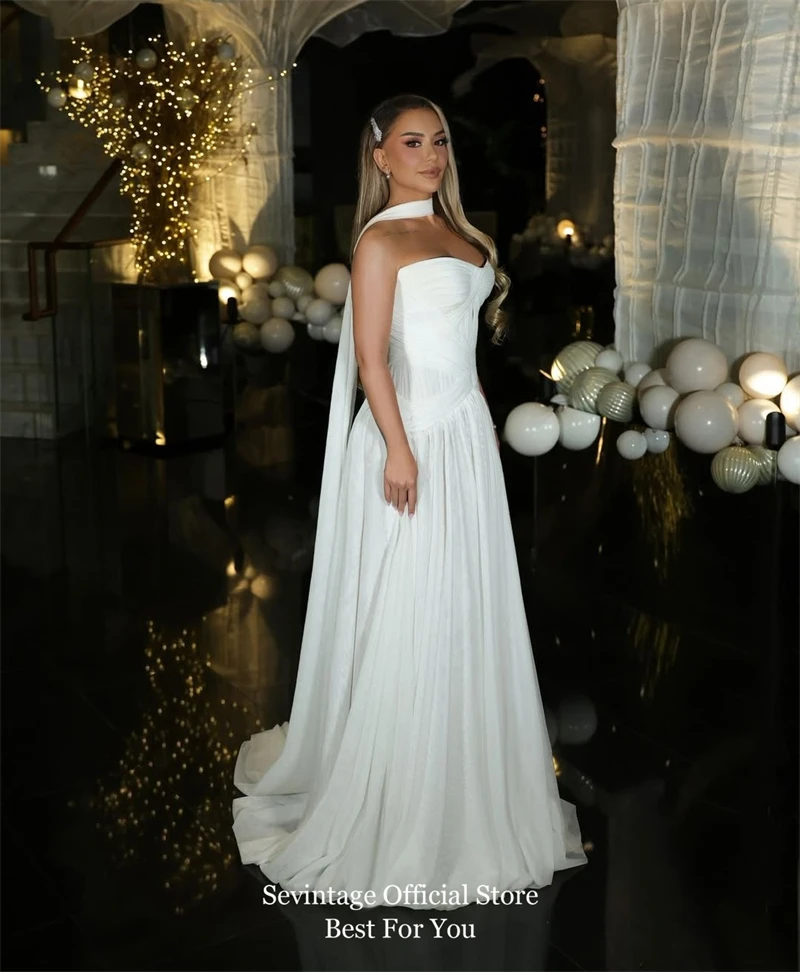 Sevintage Elegant Chiffon Evening Dresses A-Line Sleeveless Shawl Long Bridal Gowns Pleated Formal Prom Gowns Women Customized