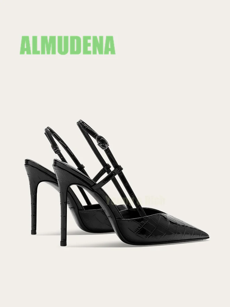 One Button Back Strap Pointed High-Heeled Sandals for Women 2025 New Style Stone Pattern Sexy Toe Cap Black Slim Heel Shoes
