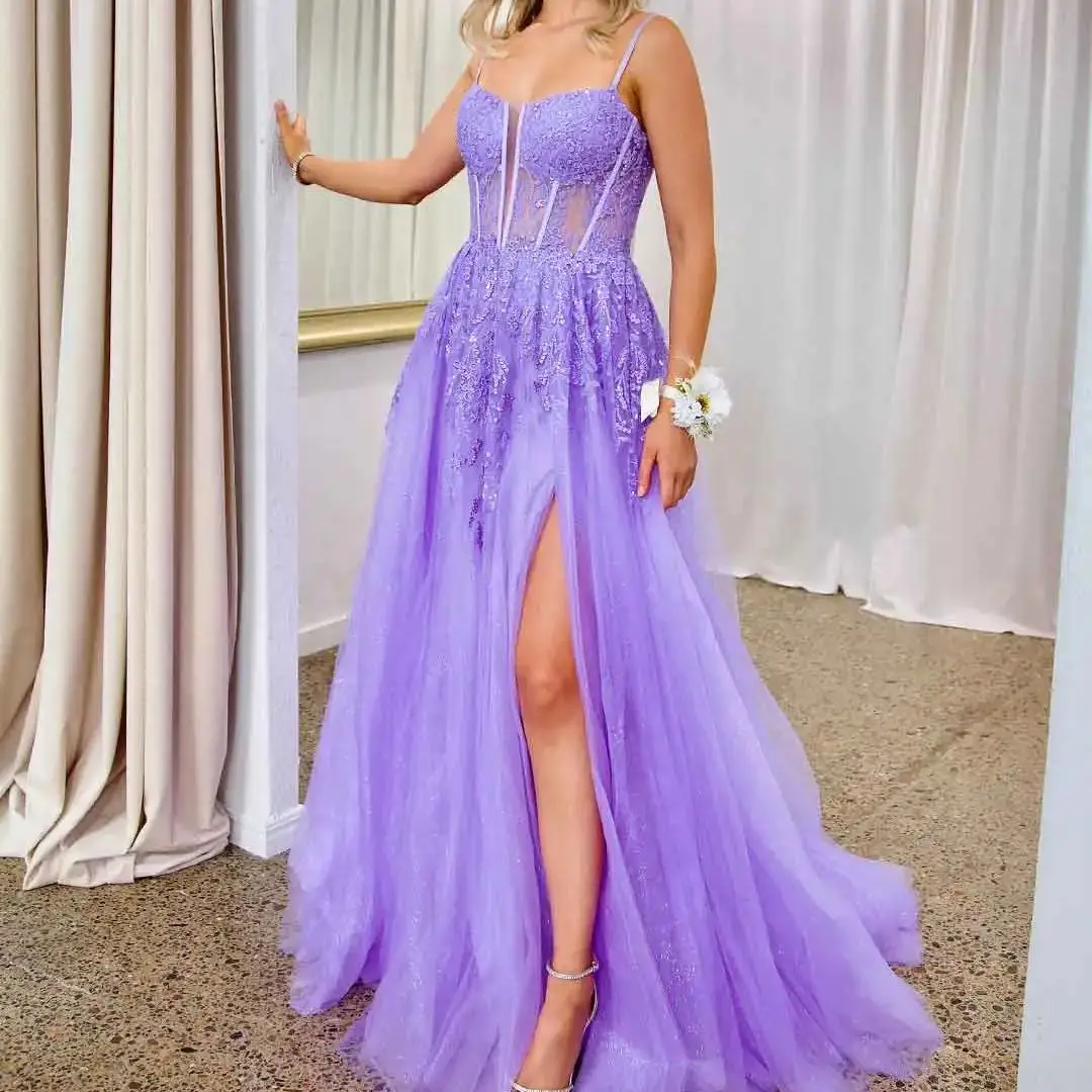 

Spaghetti Strap Prom Dress Split Luxury Lace Appliques A-line Floor-Length Long Evening Formal Gorgeous V Drawstrin Maxi Dress