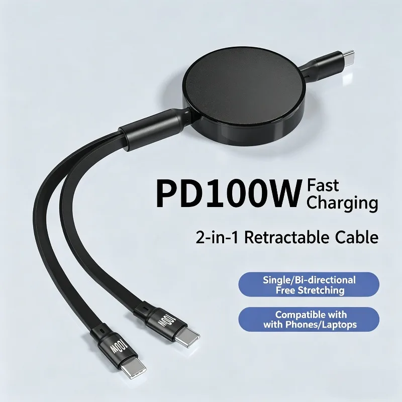 Retractable Type C Charging Cable 2 in 1,100W 5A USB-C Sync & Charge Cable,Universal Charger Wire for Smartphone,IPad Pro,Tablet