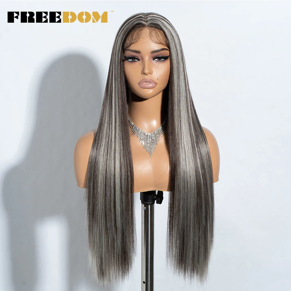 FREEDOM – lange, glatte, synthetische Perücken mit Spitze am Vorderteil für Damen, 30 Zoll, Ombré-Farbverlauf von Braun zu Blond, hitzebeständig, einfach anzuziehen, für den täglichen Gebrauch. – Detail 19