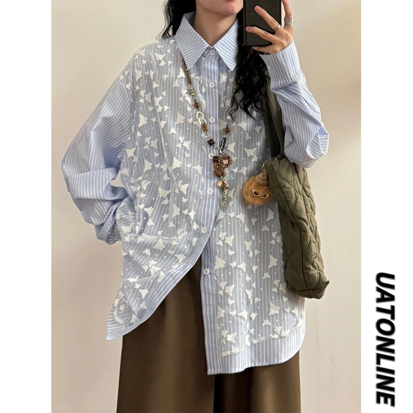 

UATONLINE2026 Весенняя женская рубашка в японском ретро-стиле с вышивкой, пэчворком, полосками, длинным рукавом и имитацией двухслойного воротника