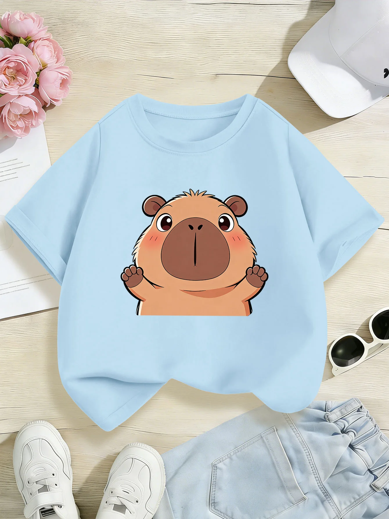 Family Matching Tee Adorable Cheeky Capybara Pattern Boys Girls Soft Sleeve Parent Kid Sweet Cartoon Animal Daily Clothing Tops