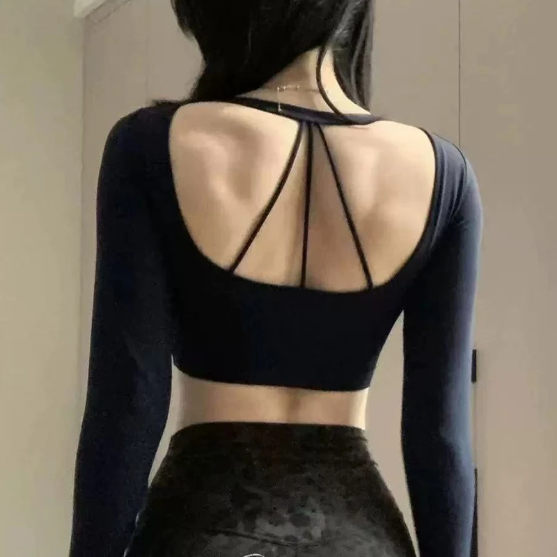 Women's V-Neck Cross Top, Long Sleeve T-Shirt, Short Cut, Exposed Navel, Slimming, Backless, Yoga, Sport, New Design, Autumn