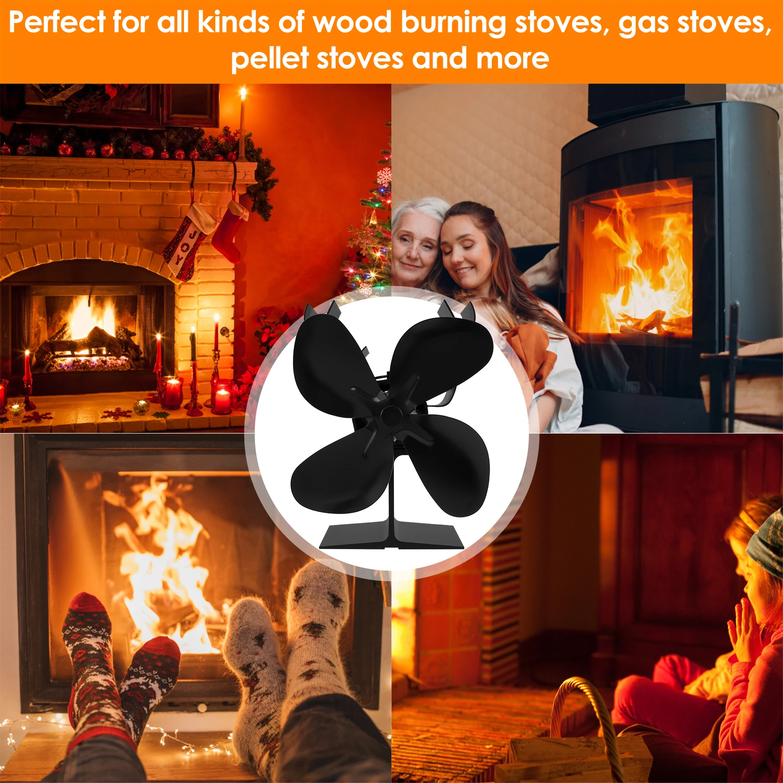 Stove Fan with Thermometer 4 Blades Wood Burning Stove Fan Heat Powered Log Burner Fan Silent Operation Wood Stove Fan Auto