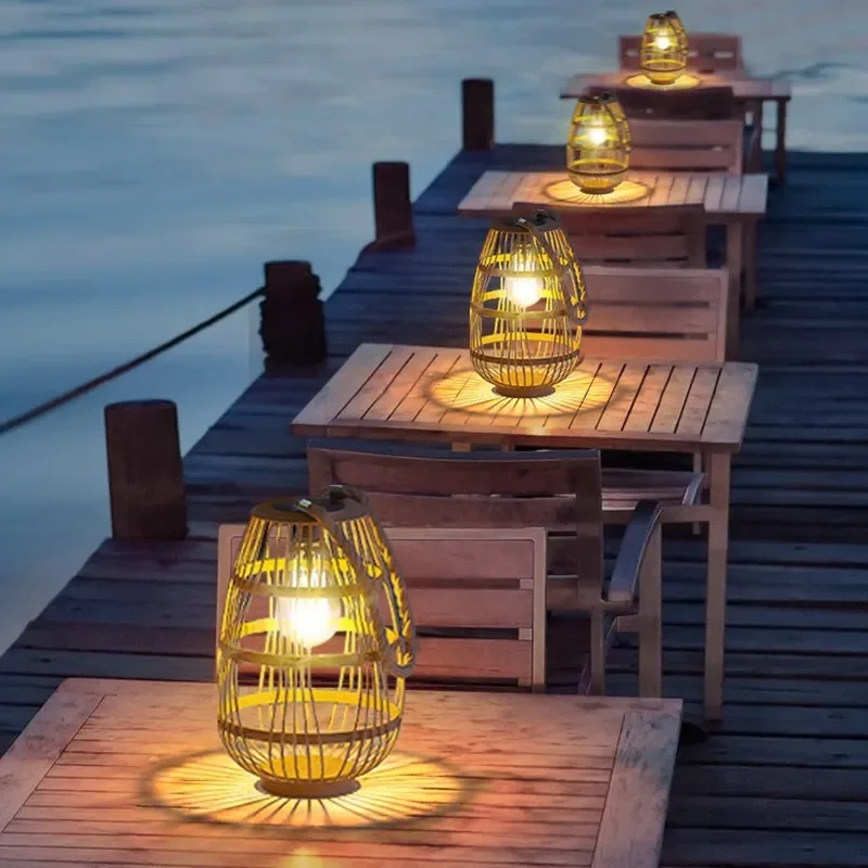 Vintage Rattan Woven Solar Lantern Portable Hanging Garden Light Outdoor Floor Lawn Decoration Atmosphere Lamp Antique Style