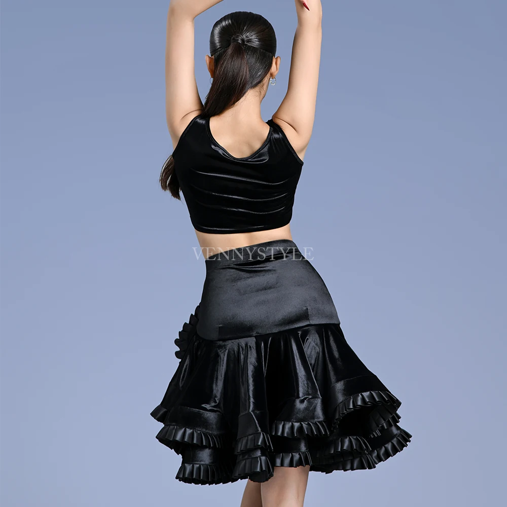 Vennystyle Latin Dance ladies adult dance dress top half skirt performance professional training dress velvet dance dress
