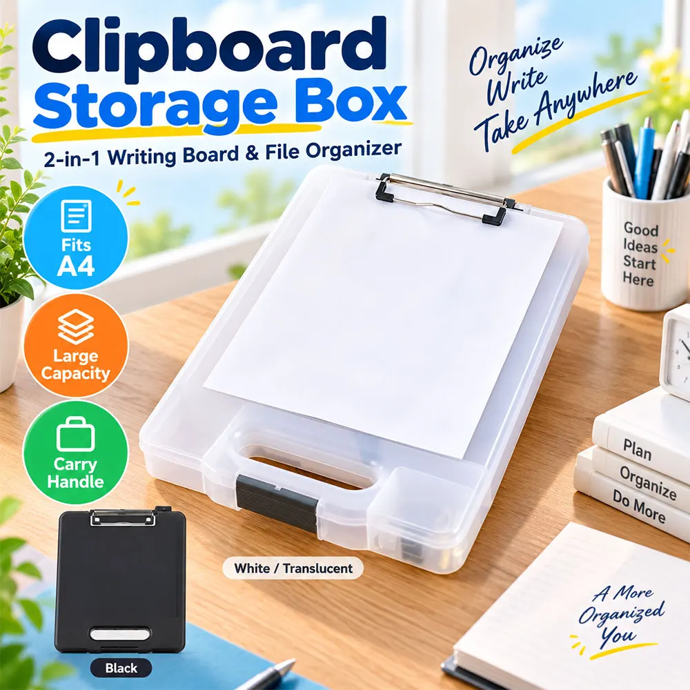 1pc Portable Clipboard with Storage, A4 File Organizer Box with Metal Clip, Pen Holder, Handle & Compartments for Office School