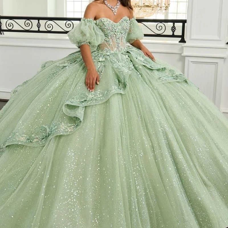 

Mint Green Shiny Ball Gown Quinceanera Dresses Appliques Lace Beads Crystal Tull Corset Vestidos 15 De XV Años Sweet 16 Dress