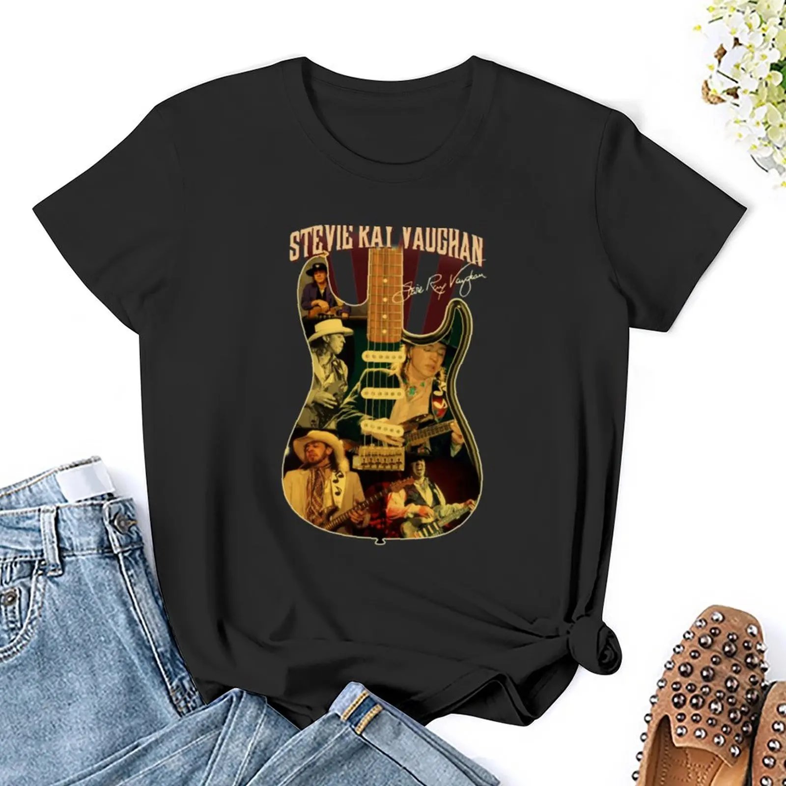Stevie Ray Vaughan Vintage Guitar Signature T-Shirt hippie clothes summer clothes anime Women tops