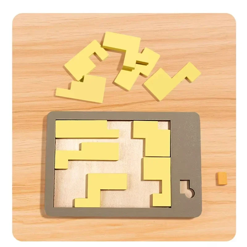Wooden Puzzle Blocks Board Game 3D Geometric Tangram Brain Teasers Jigsaw Logic IQ Table Game Random Color For Children Adults