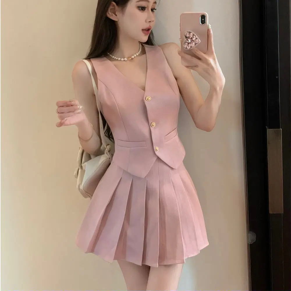 Luxury Temperament Summer Women Single-breasted Vest Short Skirt Mock Pocket Tops Pleats Short Skirt Solid Color Two Piece Set