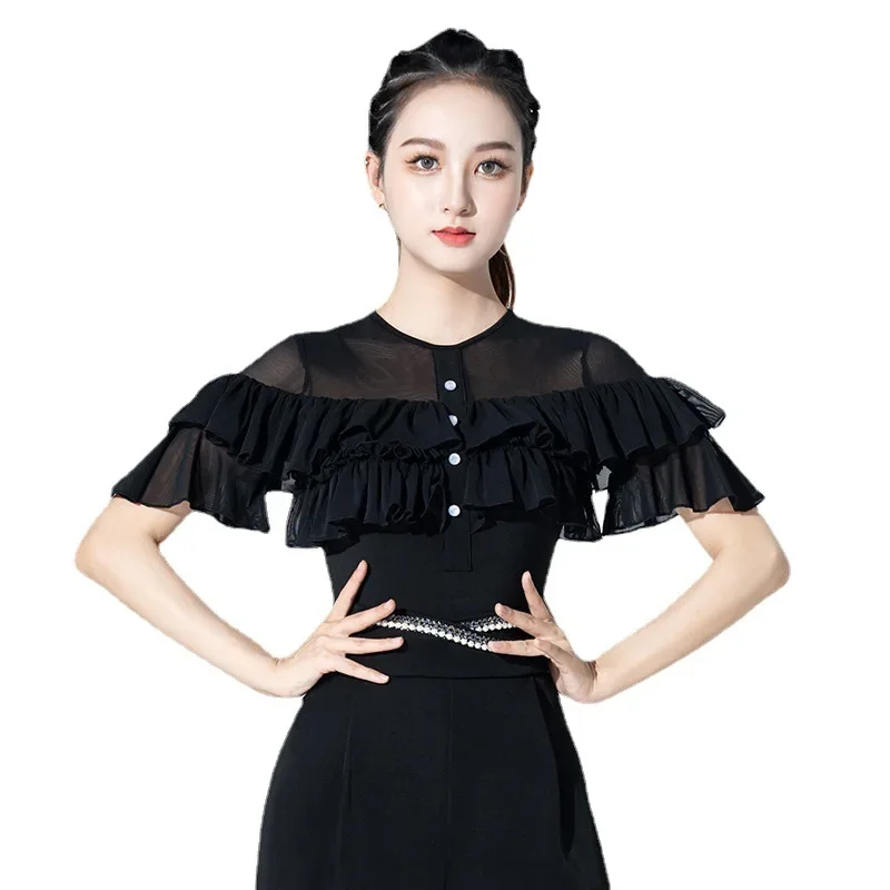 Mesh Patchwork Latin Dance Practice Suit Ballroom Belly Costume Middle Sleeves Top Women\'s Dance Suit Top Evening Dresses Shirt