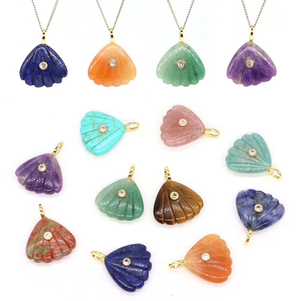 22mm Scallop Shape Gemstone with Zircon Natural Stones Reiki Healing Crystal Amethyst Rose Quartz for Jewelry Making DIY Pendant