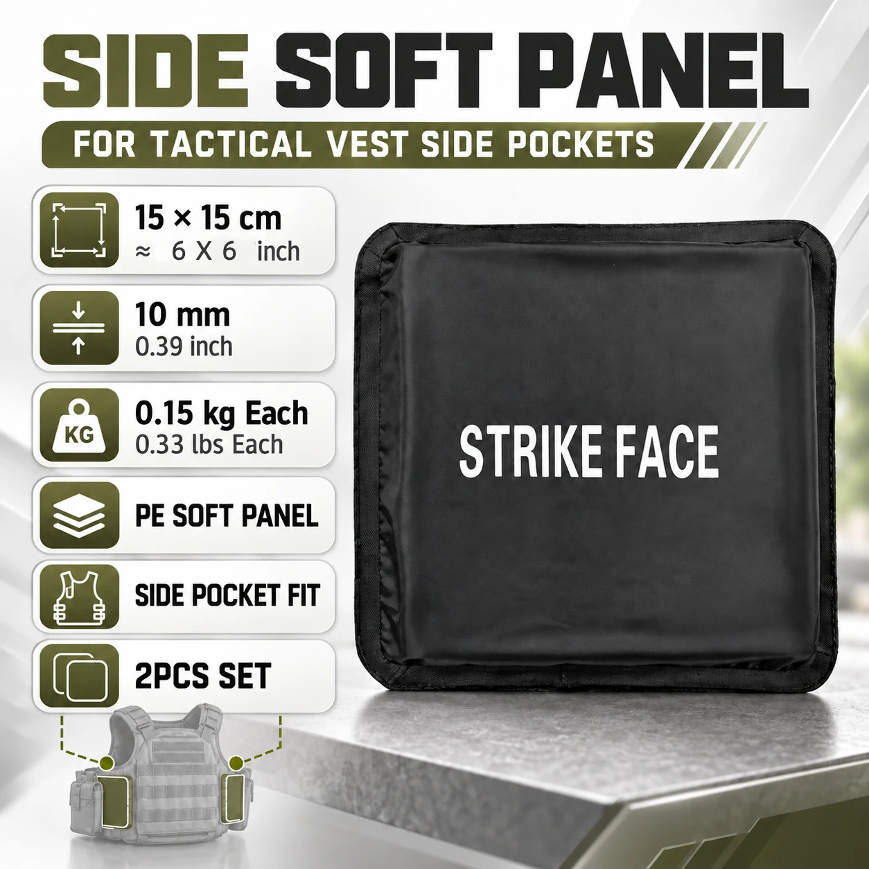 2PCS PE Soft Side Insert Panel 6x6 Inch Lightweight Flexible Vest Side Pocket Panel 10mm Thick 0.33lbs Each