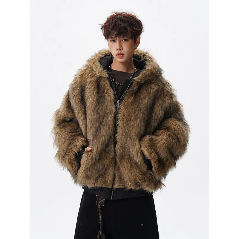UETEEY Men's Reversible Wear Jacket Vintage Faux Fur Hairy Soft Hooded Coat Man Winter Plush Lined Warm Brown Fluffy Jackets Men
