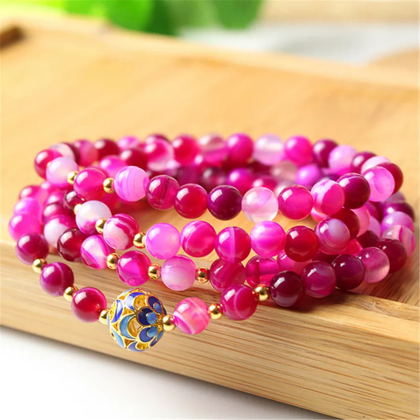 

6mm Pink Onyx Gemstone Mala Bracelet 108 Bead Men's Teens Unisex Yoga Mala Party Bohemian Cuff Women Beaded Bodhi Prayer