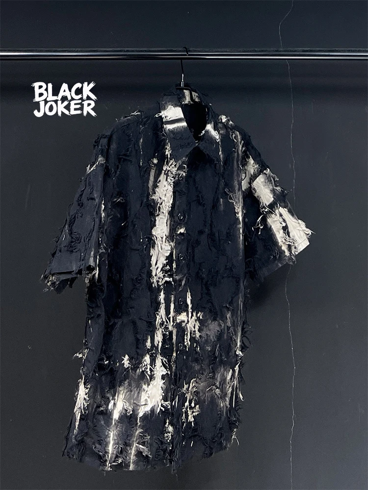 BLACK JOKER Original Design New Black Grey Tie Dye Tassel Loose Casual Short Sleeve casual short-sleeved shirt unisex tops
