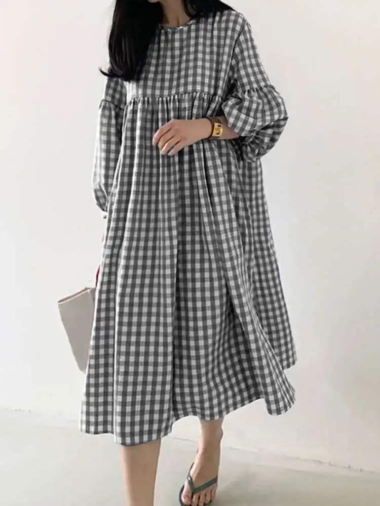 ZANZEA Vintage Women Plaid Checked Dress Autumn Retro Long Lantern Sleeve O Neck Sundress Kaftan Party Vestidos Robe Oversize