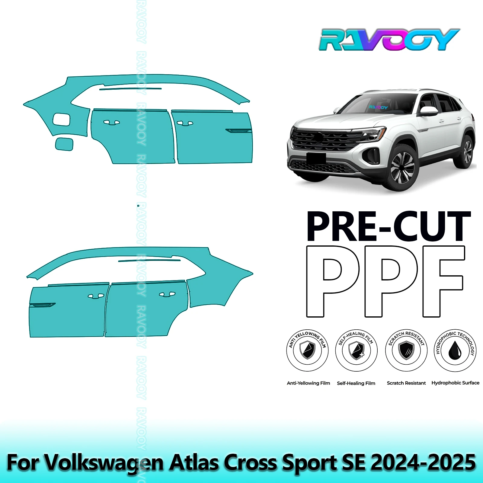 

For Volkswagen Atlas Cross Sport SE 2024-2025 8.5mil Clear Matte Pre-Cut PPF Door & A/B Pillar Kit TPU Paint Protection Film Set