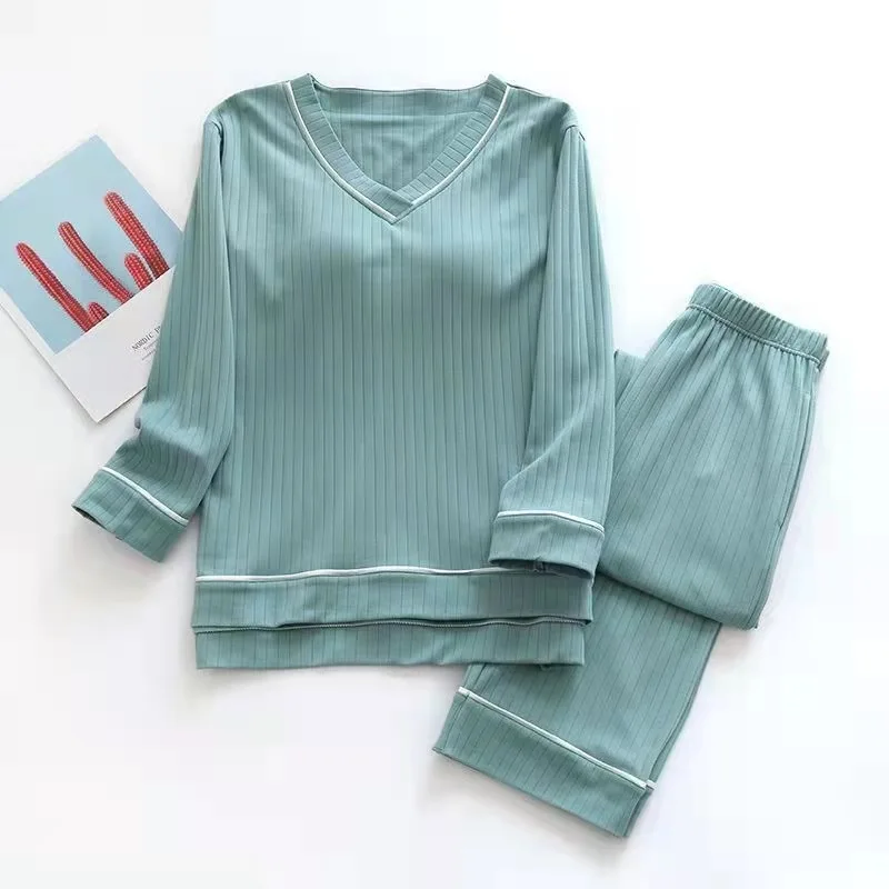 New Spring and Autumn Women\'s Pajamas Set V-Neck Cotton Thread Knitted Long Sleeve Pants Solid casual two-piece home clothes