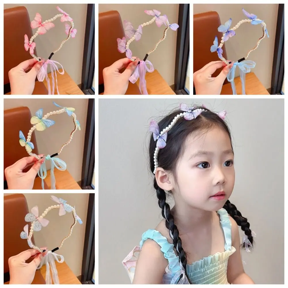 

Korean Style Butterfly Ribbon Hairband Head Wear Gradient Color Moving Wings Hair Hoop Hair Clip 3D Children Pearl Headband