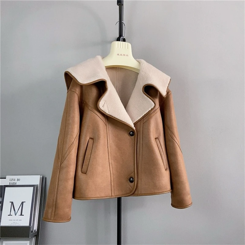 Veste en Daim à Col Marine pour Femme, Manteau Court et Chaud en Mouton, PT451