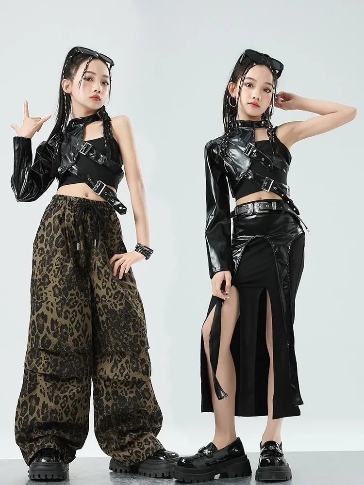 Kids Jazz Dance Costume Hip Hop Kpop Performance Wear Sleeve Tops Leopard Print Pants Girls Fashion Clothes Streetwear