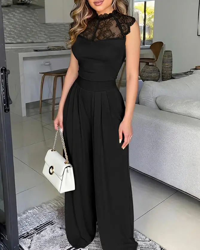 Women's Stand-Up Collar Sleeveless Lace-Trimmed Pleated Jumpsuit, Elegant Waist-Cinching Design, Back Zipper Wide-Leg Jumpsuit