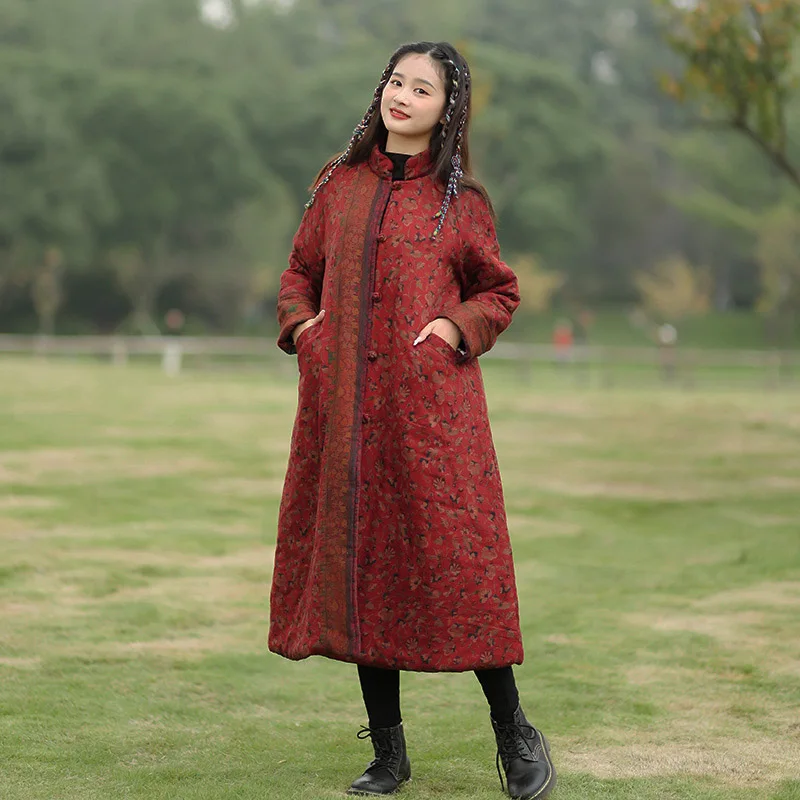 National Wind Garden Floral Cotton And Hemp Thick Long Coat Women's Winter Dress Patchwork Color Loose Button Seam Fashion Coat