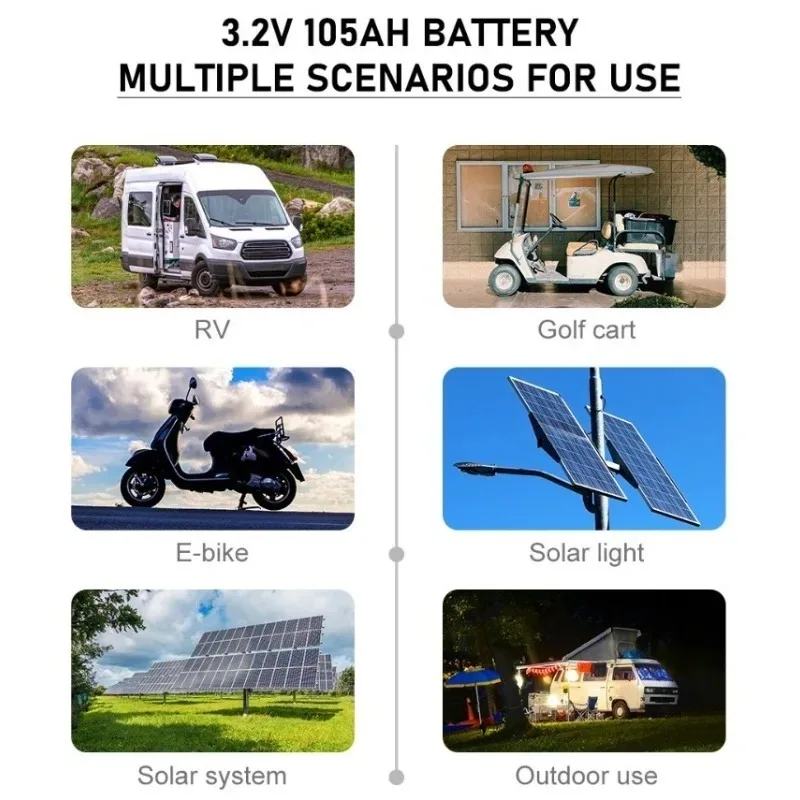 3.2V 105Ah LiFePO4 Rechargeable Battery DIY‑assemblable 12V for Electric Vehicles RVs Solar Equipment Golf Carts Power Battery