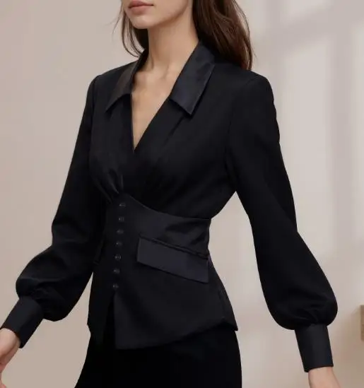 

Solid Color V-Neck Asymmetrical Slim Fit Chiffon Top for Autumn Women's Temperament Sexy Perspective Backless Long Sleeved Shirt