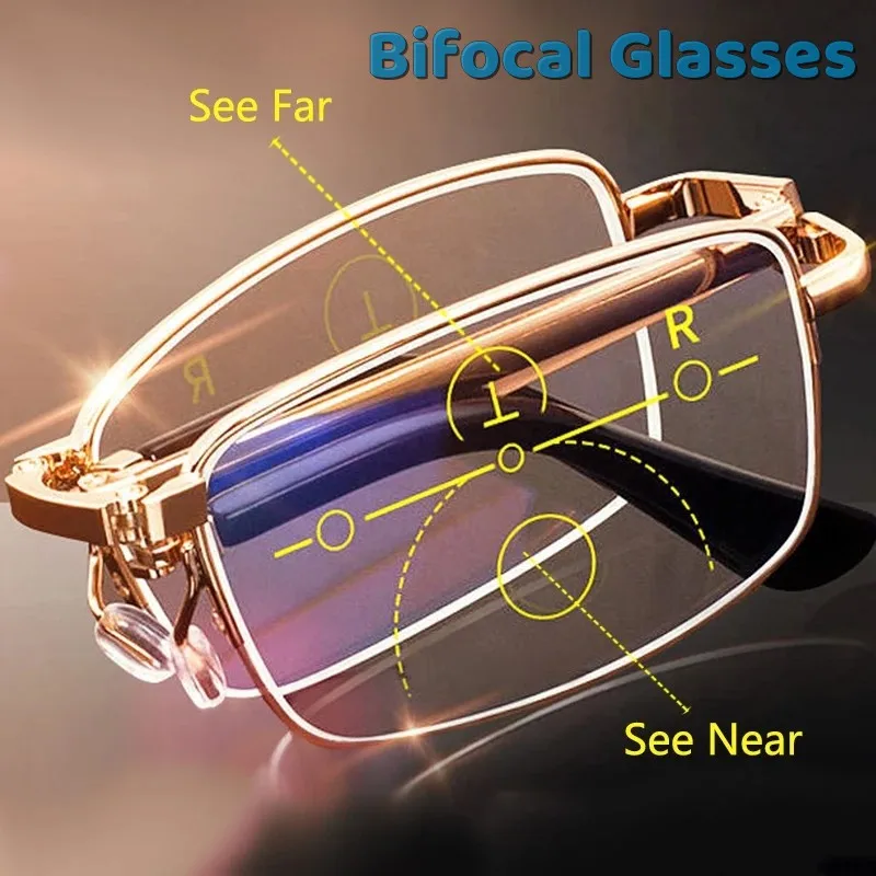 

Men Women Progressive Bifocal 4 In 1 Eyewear Anti-blue Light Eyeglasses Vintage Folding Reading Glasses with Box Collapsible