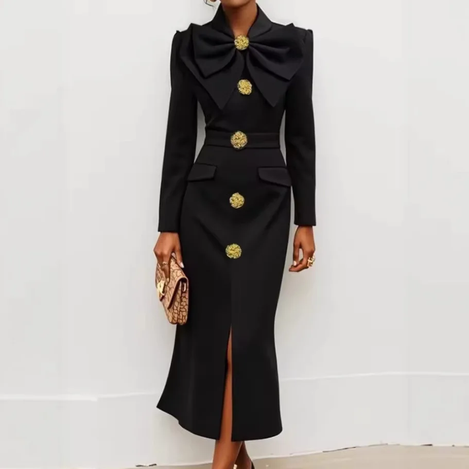 

2025 New Big Butterfly Design Celebrity Dress Dress Light Luxury Semi-high Neck Waist Split Dress European and American