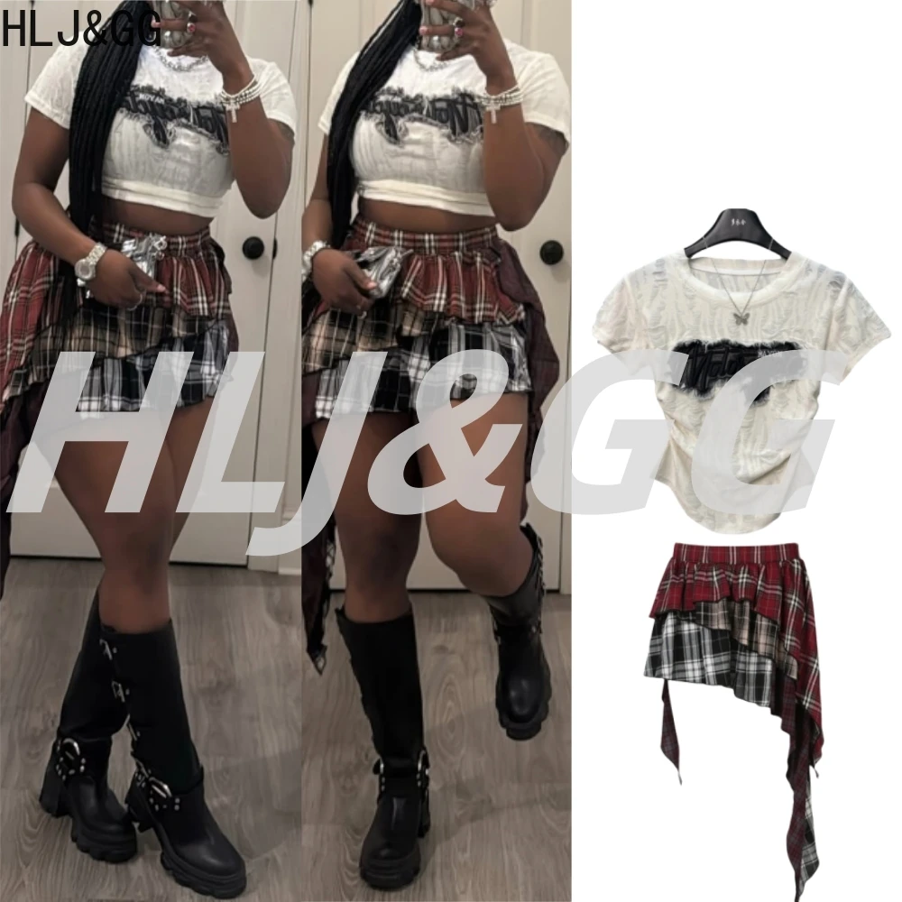 

HLJ&GG Fashion Plaid Printing Irregular Mini Skirts Two Piece Sets Women O Neck Short Sleeve Top And Skirts Outfits Streetwear
