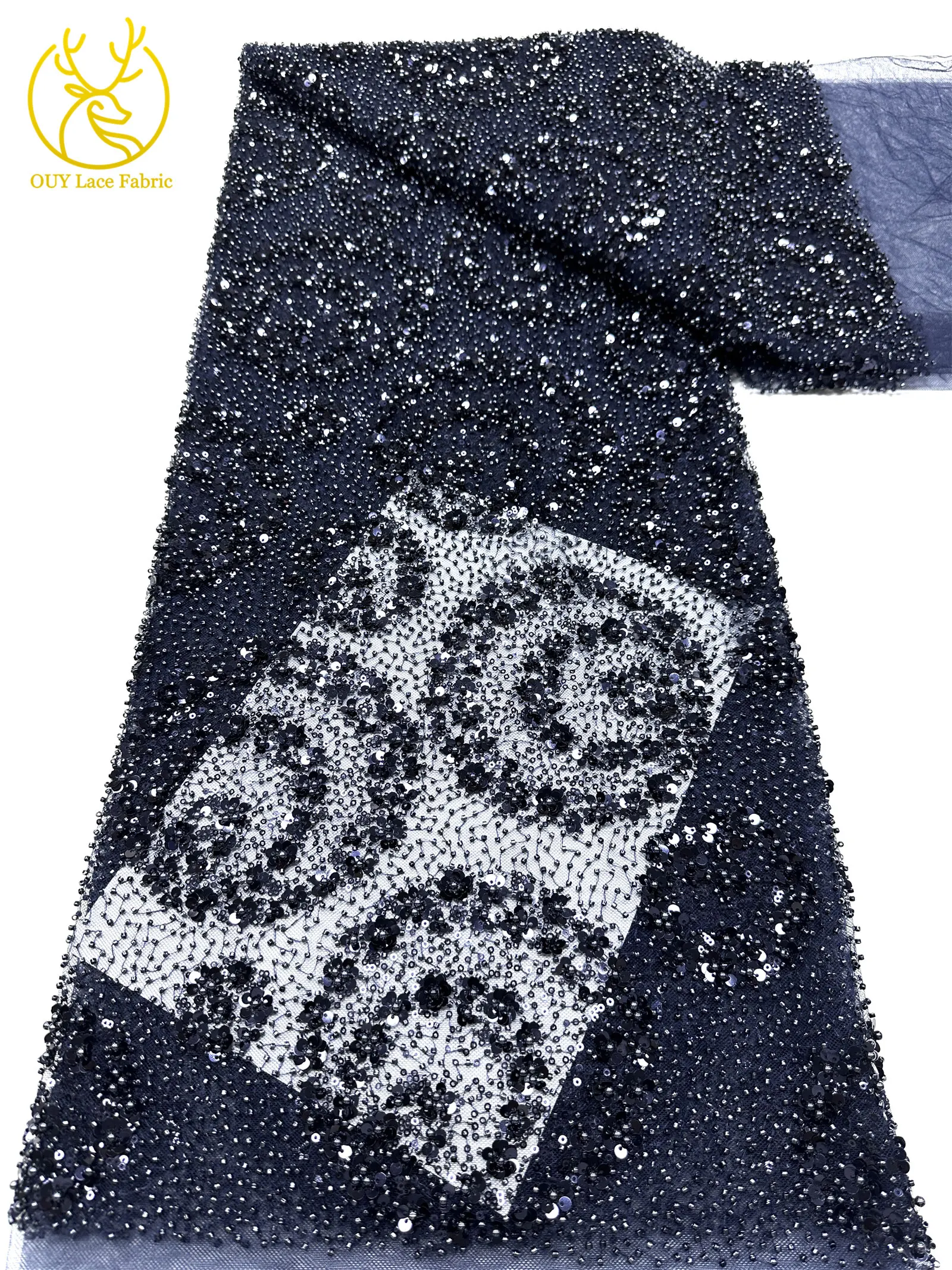 Exquisiter, eleganter nigerianischer bestickter Tüll-Spitzenstoff mit Perlen und Pailletten für Damen, zum Nähen von Ballkleidern. – Detail 19