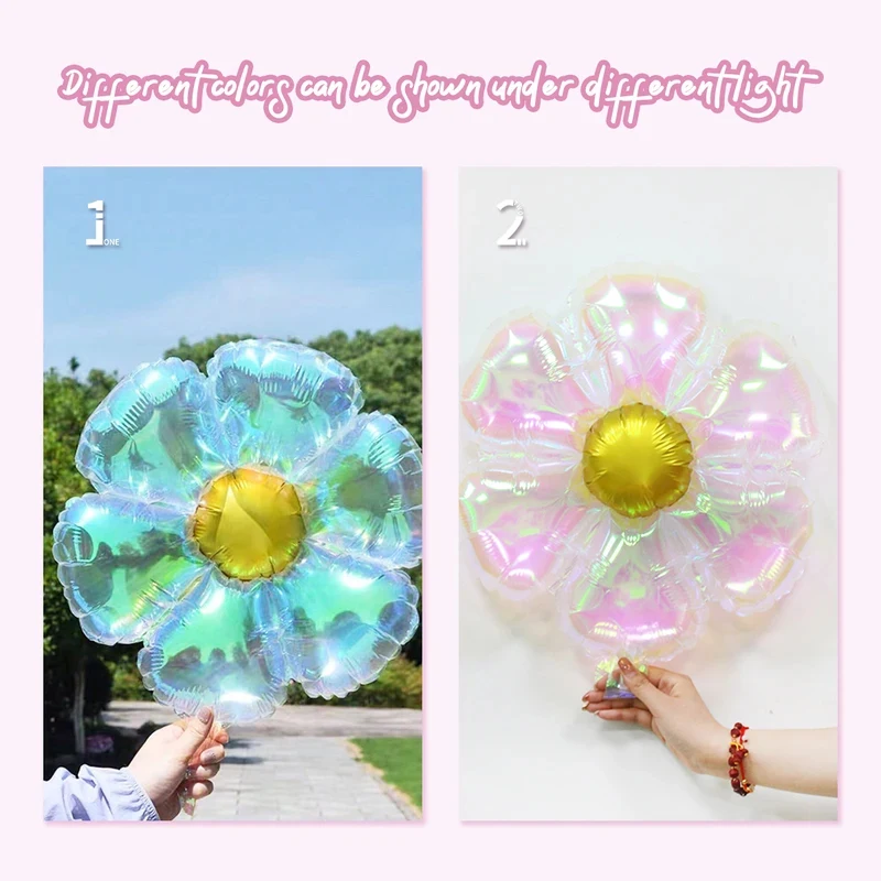 4 Pcs Clear Holographic Laser Colored Daisy Balloons for Birthday, Baby Shower, Wedding Engagement Decoration (Colored Daisy)