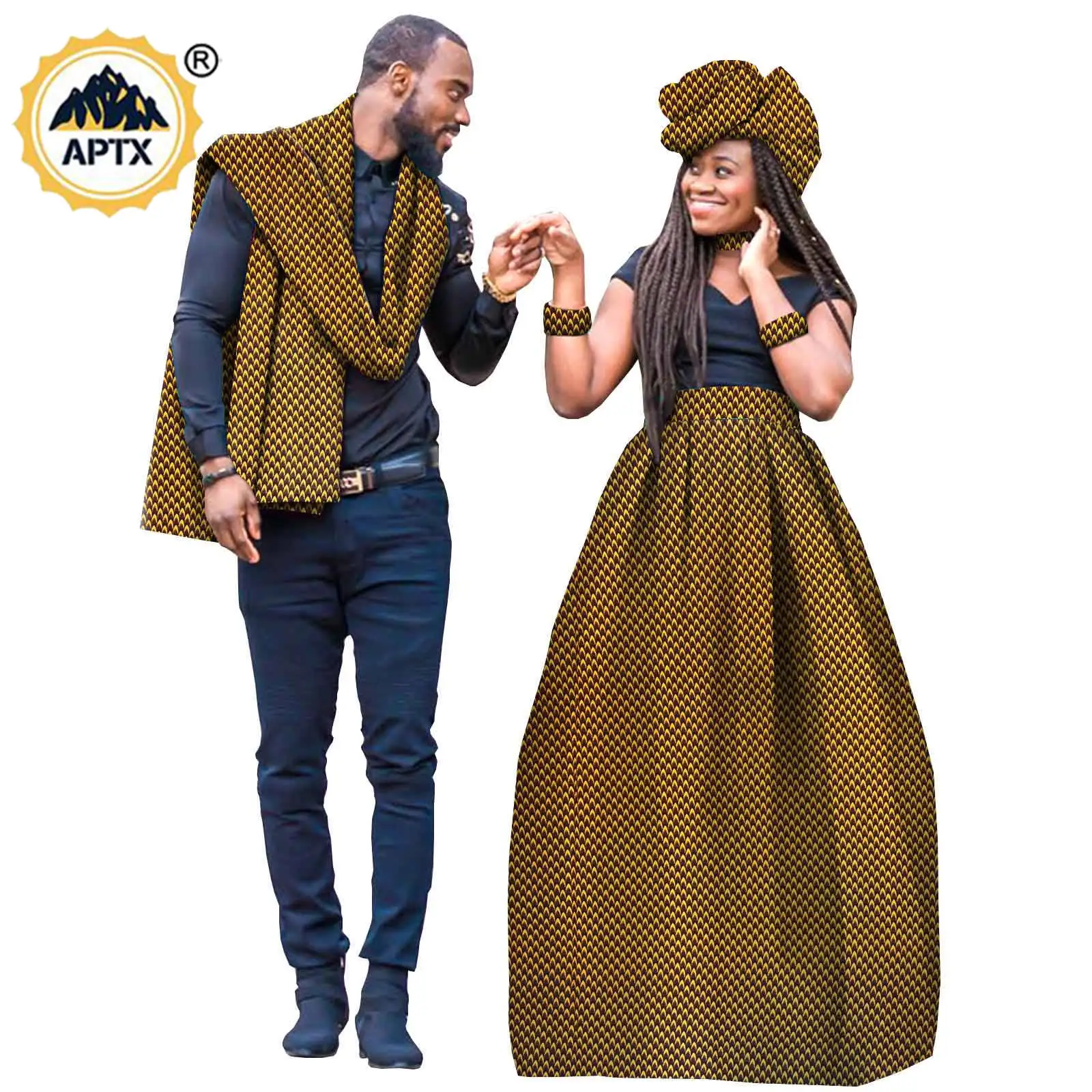 Dashiki African Clothes for Couples Bazin Women Ankara Tutu Maxi Long Skirts with Accessory Matching Men Print Scarf Y21C002