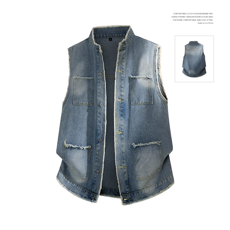 New  denim vest for men Personalized blazer horse collar backless shirt coat hoodie Trendy autumn style sleeveless top