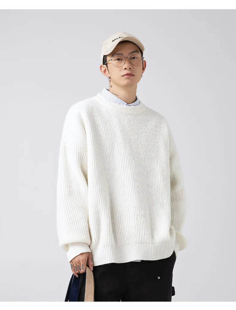 Heavyweight Thick Needle Pit Stripe Texture Sweater Solid Loose Round Neck Knit Jersey Coat man clothes