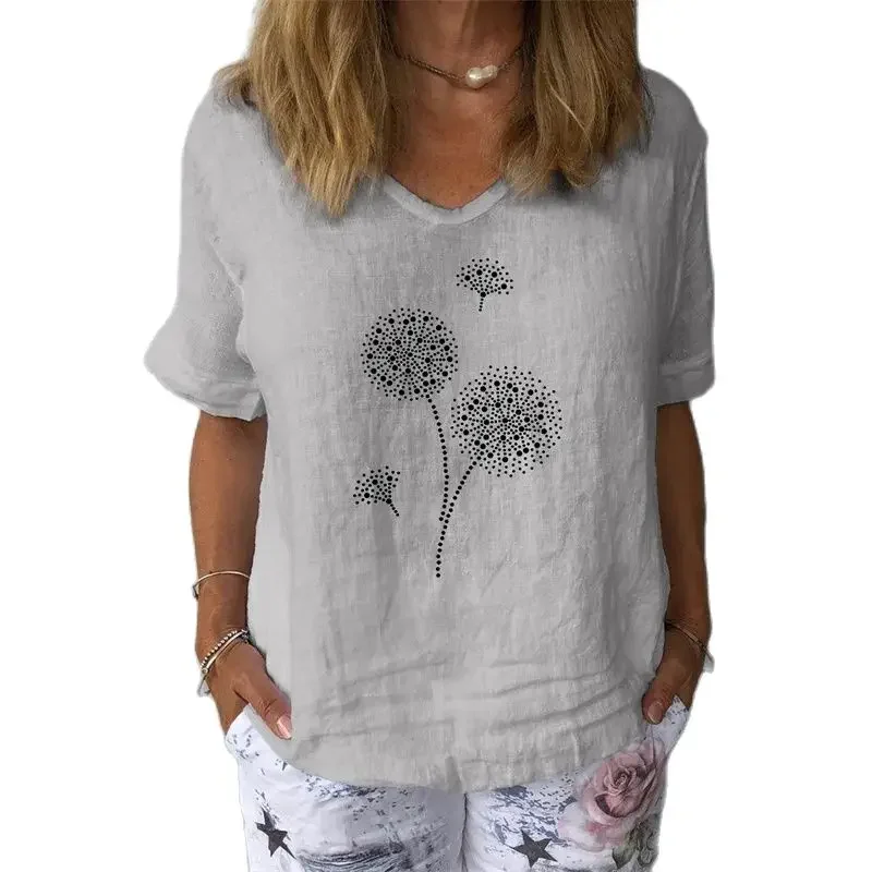 

Women Dandelion Print V Neck Pullover Shirt Summer Daily Casual Loose Cotton Linen Blouse Female Simple Style Short Sleeve Tops