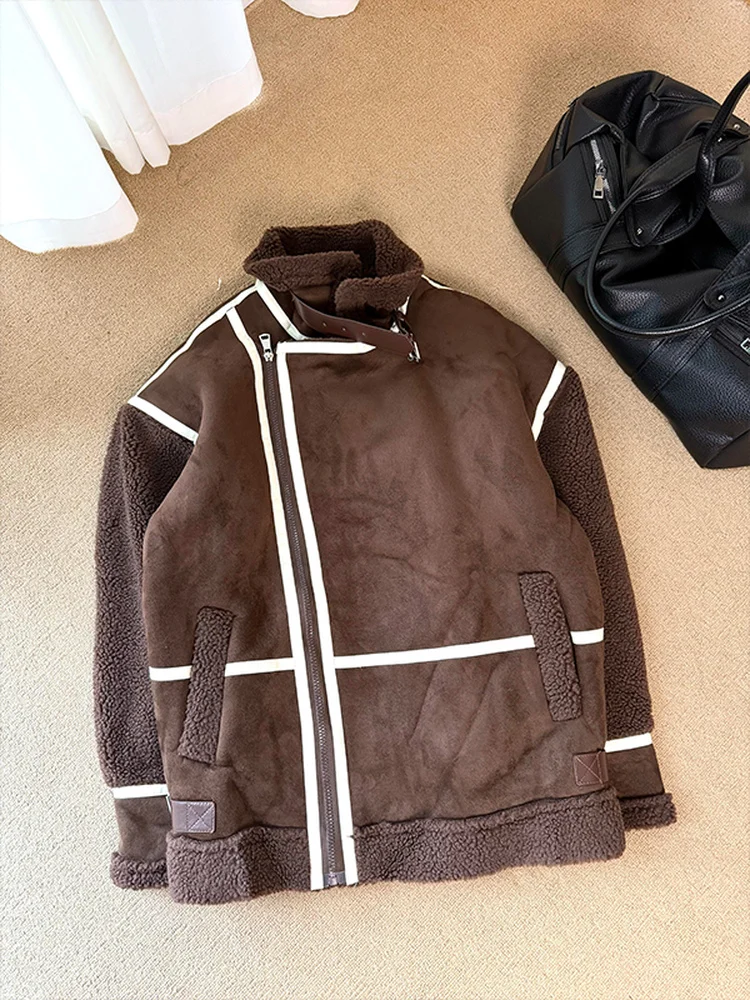 

Thiened Warm Lamb Fur Cotton Jaet Men's Winter Clothes Coffee Color Slant Lapel Inteated Leather And Fur Jaet