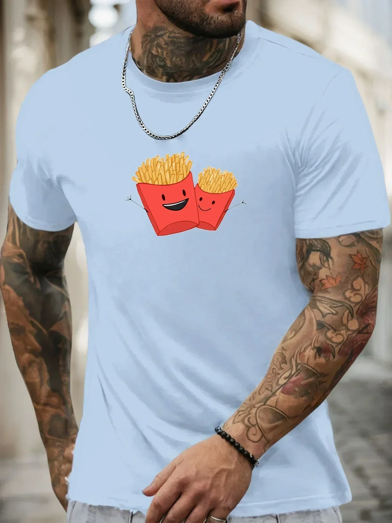 Men Black Crew Neck Tee Cute Cartoon Two Smiling French Fry Boxes Waving Arms Fast Food Snack Fun Soft Cotton Male Casual Tops